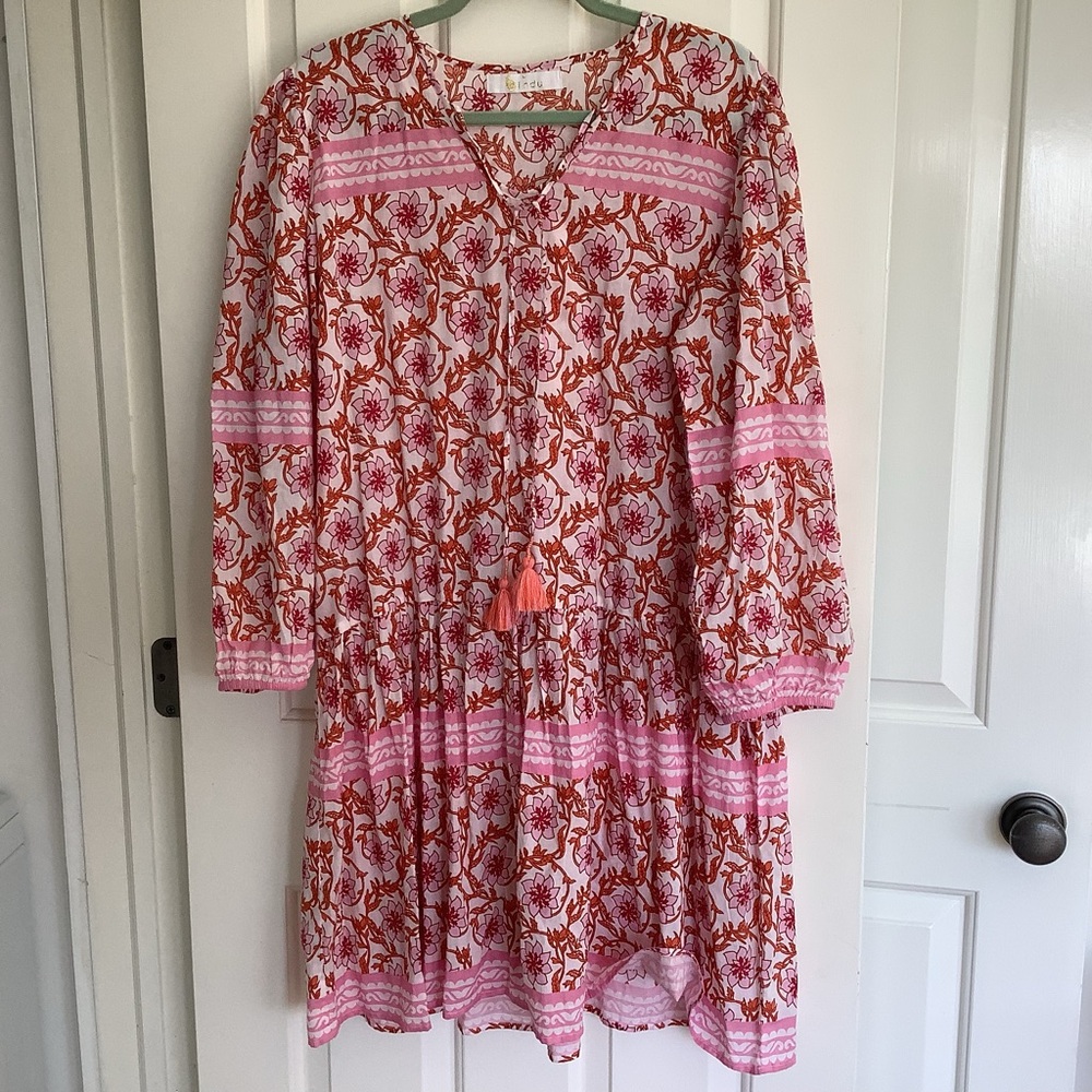Boho Pink & Red Floral Long Sleeve Tiered Dress